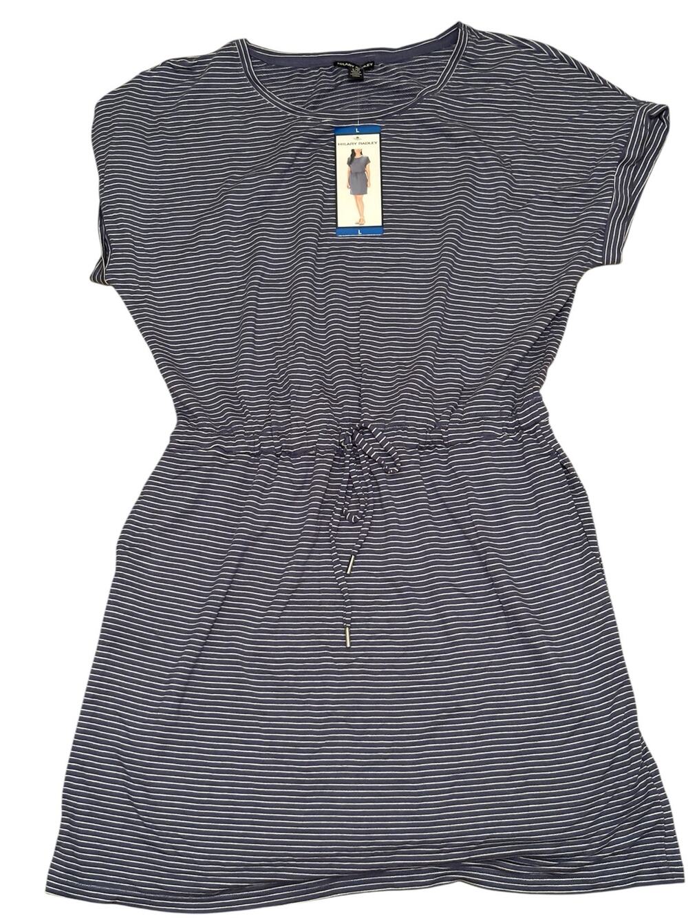 Hilary Radley Dress Women’s L Blue White Stripe Drawstring Waist Summer Casual
